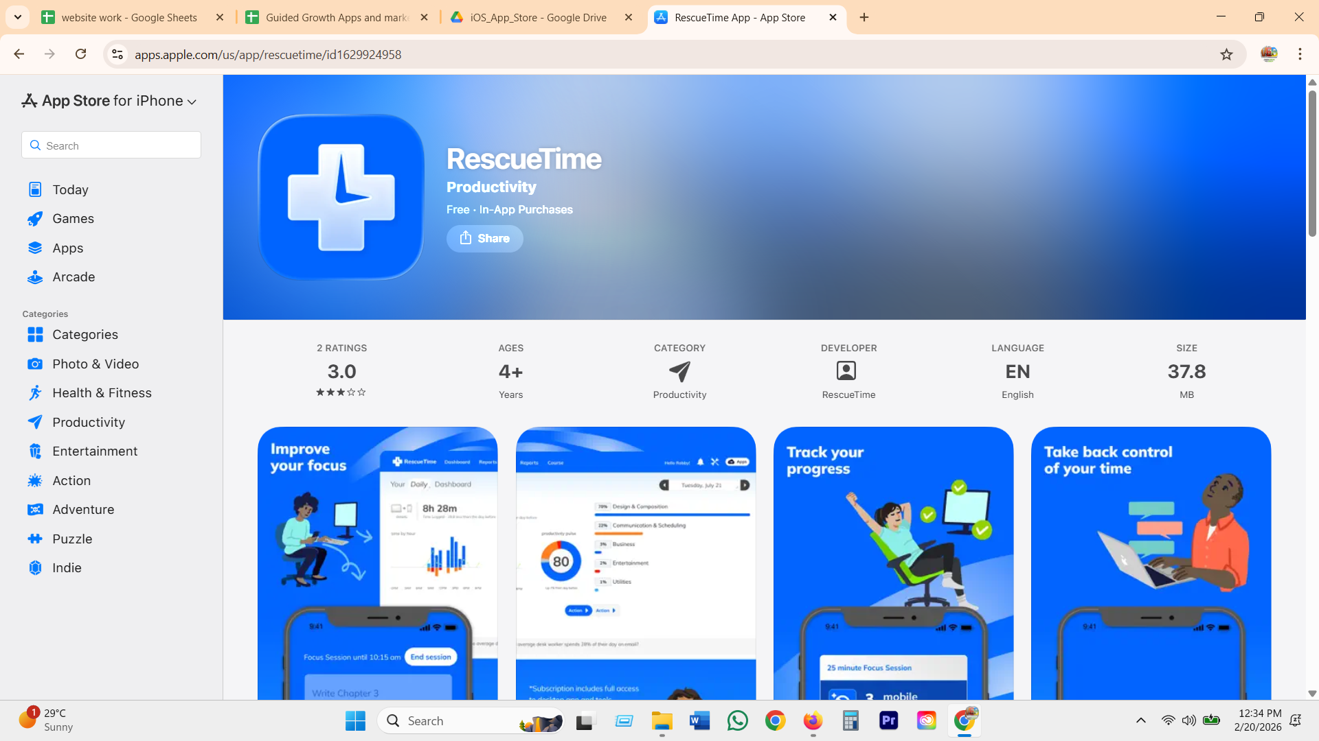RescueTime App Store dashboard and pulse score