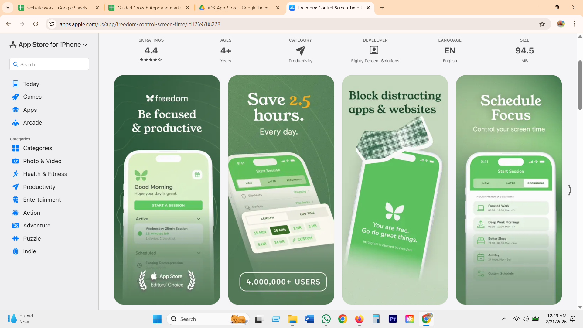 Freedom App Store screenshot: start a session, active session with 13 minutes left, length picker from 15 minutes to 24 hours