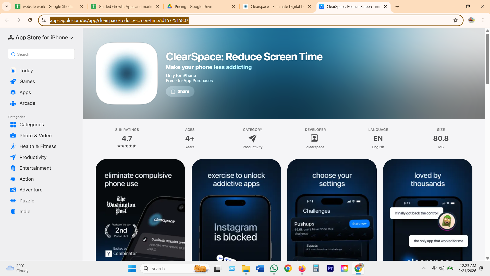 Clearspace App Store listing, free with in-app purchases, exercise to unlock addictive apps