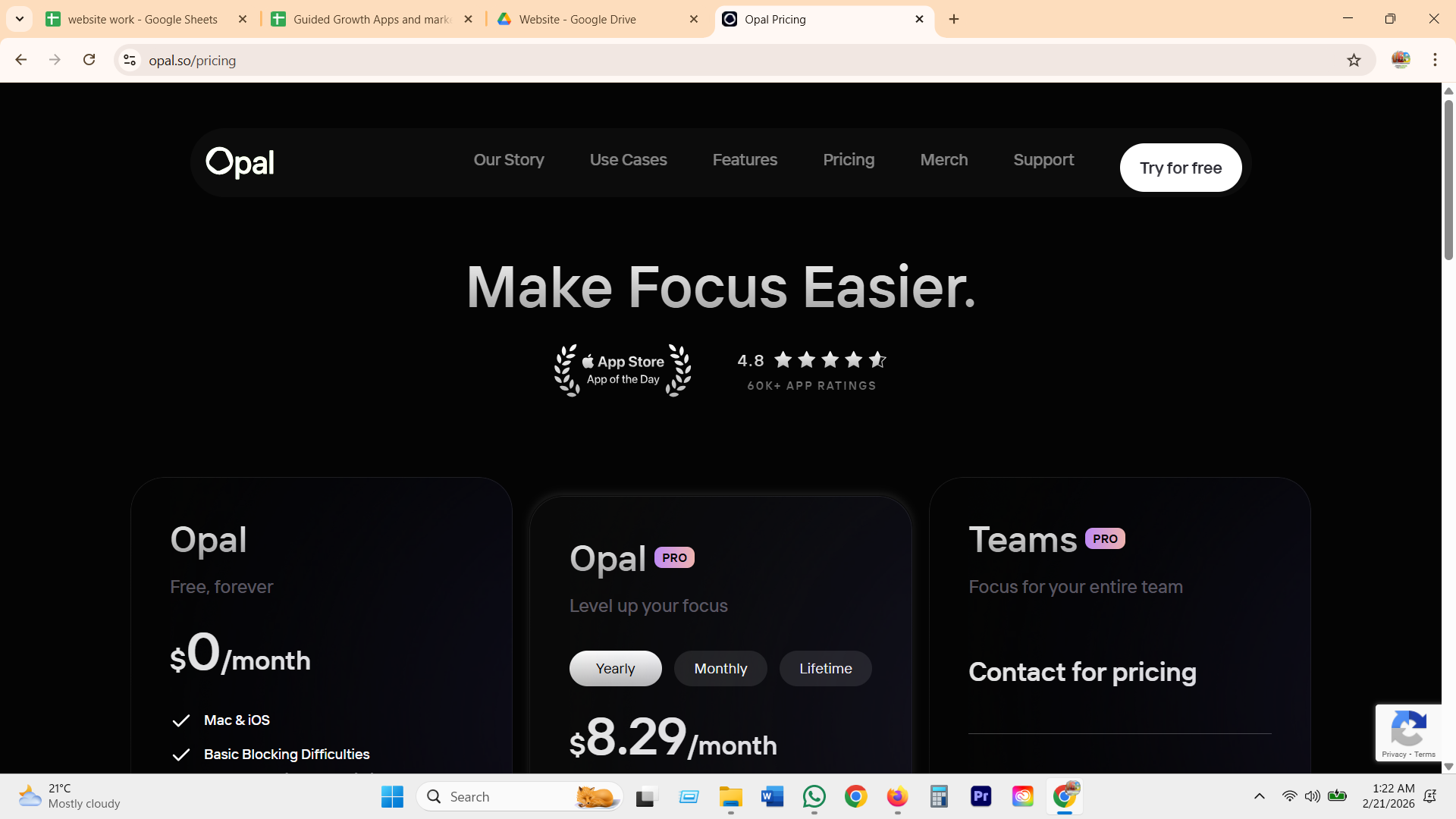 Opal free plan, $0 per month