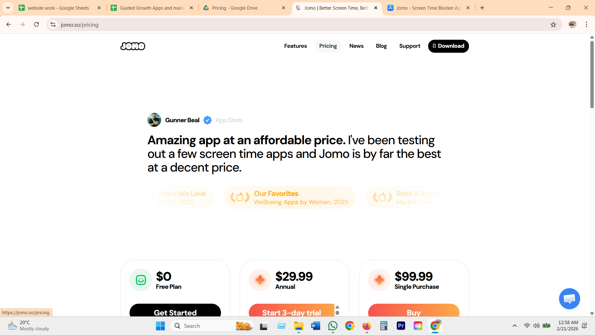 Jomo pricing tiers, free, annual, and single purchase