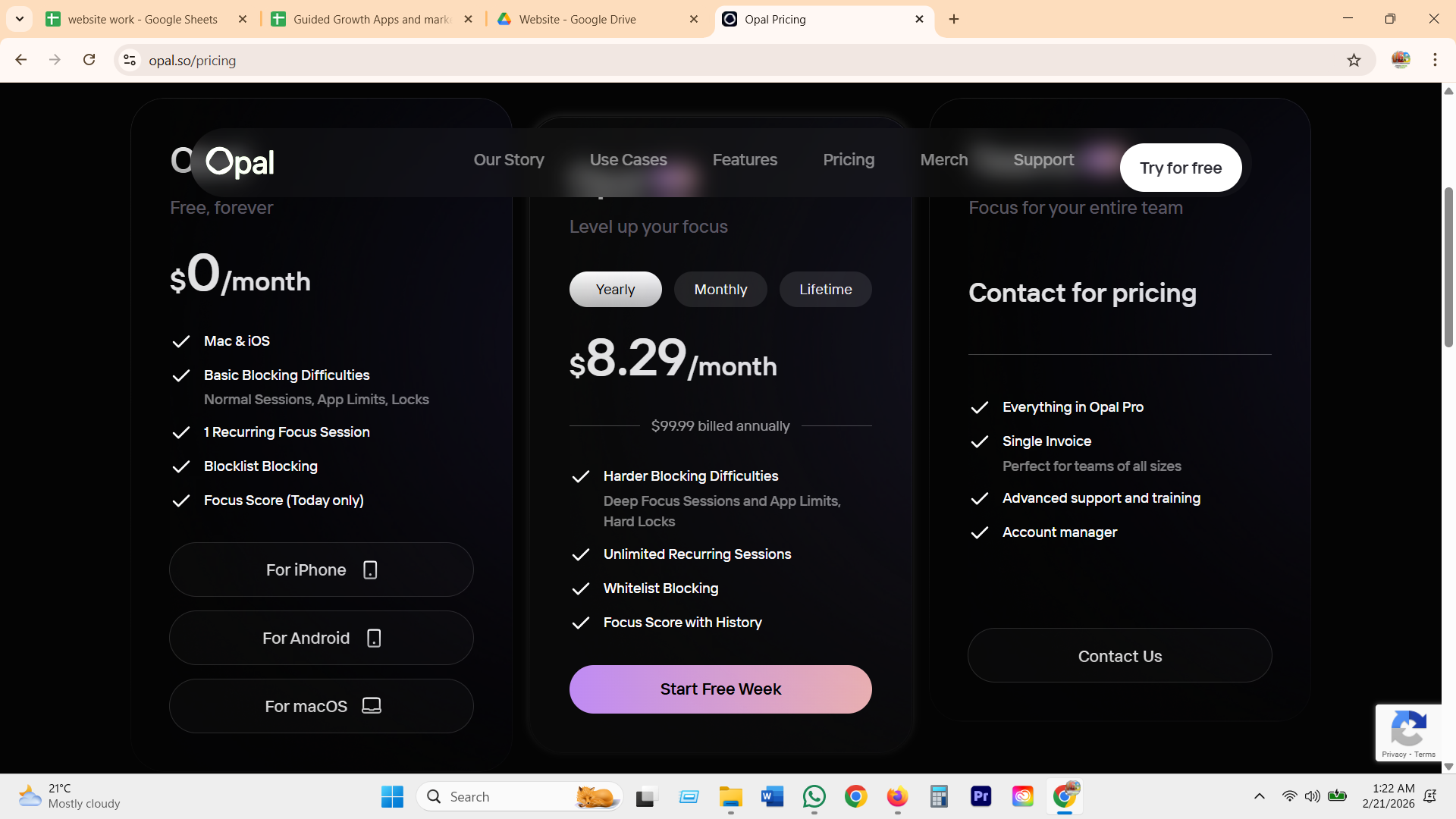 Opal Pro plan, $8.29 per month, Deep Focus and Hard Locks