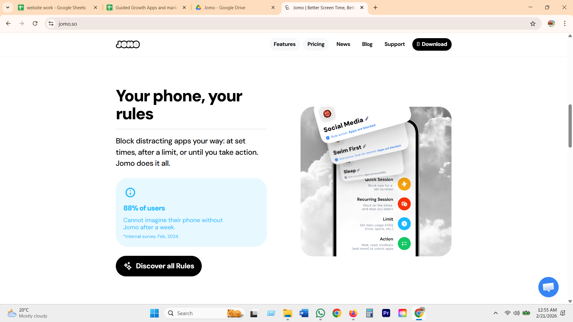 Jomo website screenshot showing recurring session and limit rules
