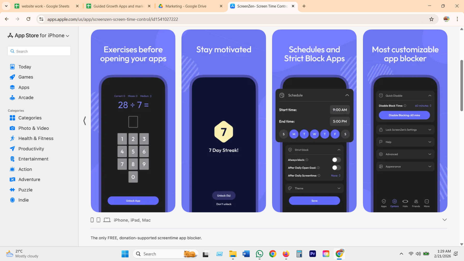 ScreenZen 7 day streak shown next to Unlock and Do not unlock buttons