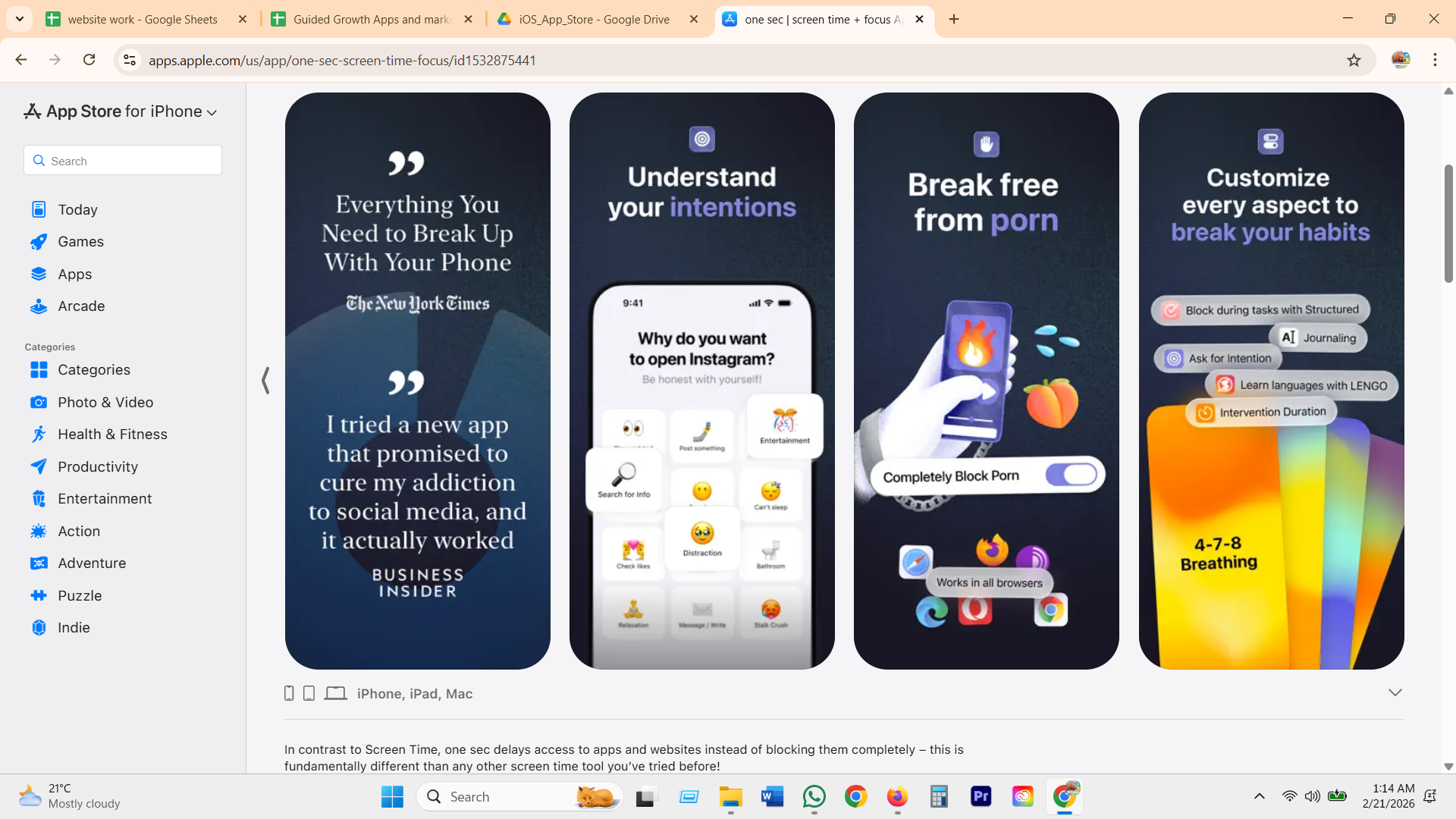 one sec feature list, journaling and ask for intention behind an upgrade