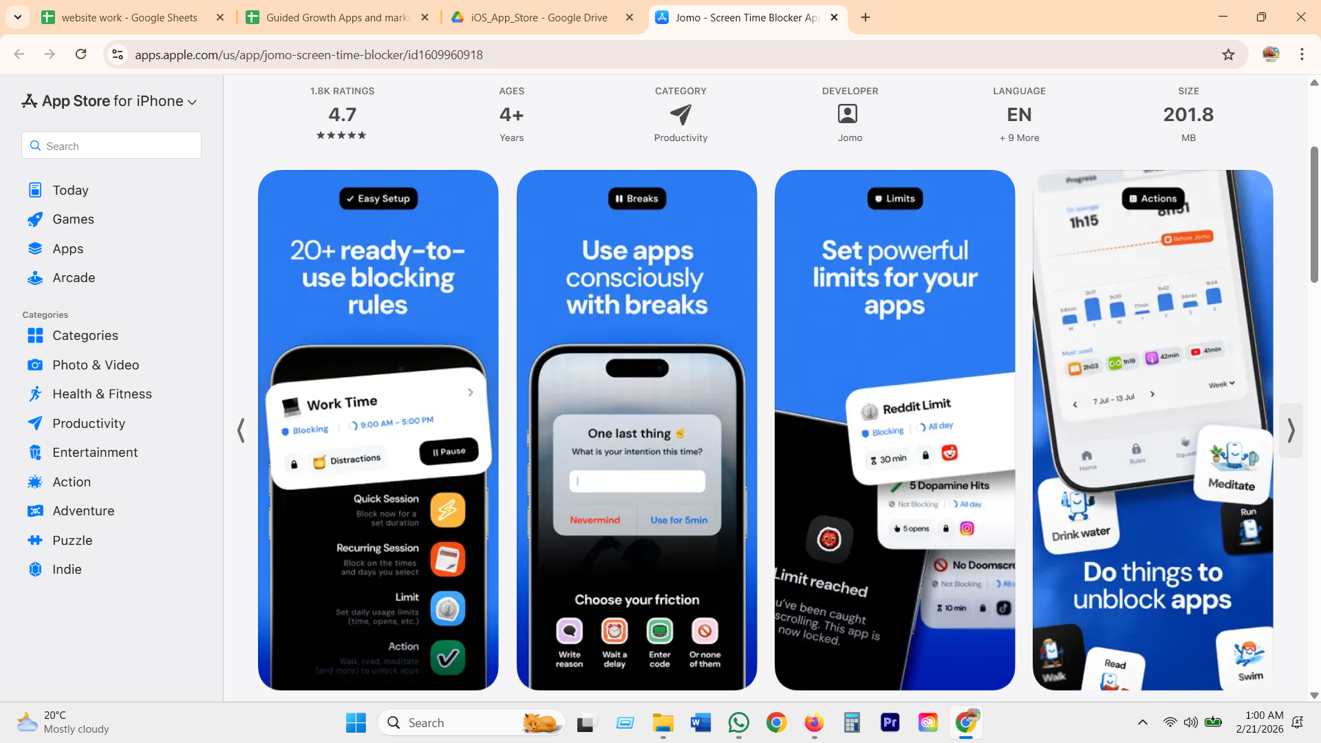 Jomo App Store screenshots: recurring Work Time schedule, choose your friction (write reason, wait a delay, enter code, none), Reddit limit with 5 Dopamine Hits